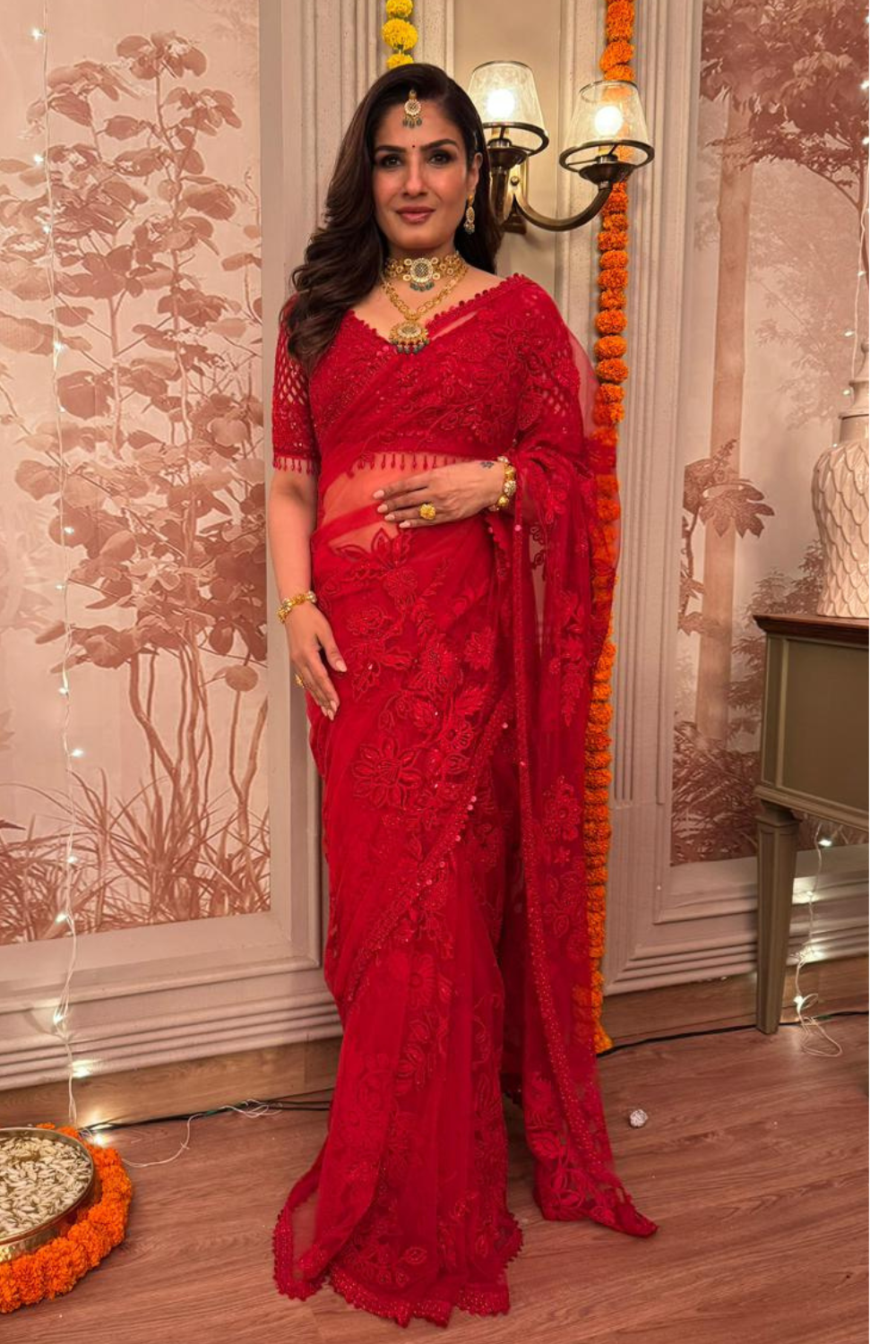 Raveena Thadani in Red Dori Saree