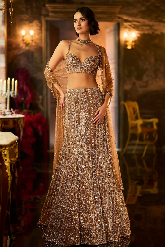 Antique Gold Crystal Fit & Flare Skirt Set