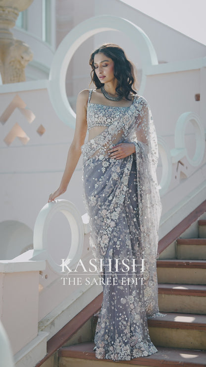Stone Grey Multi-Coloured Floral Saree