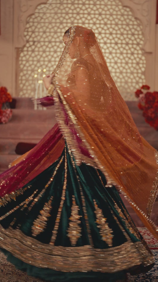 Emerald Green Velvet Lehenga Set