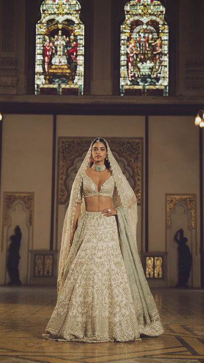 Ivory Sage Zardosi Lehenga Set