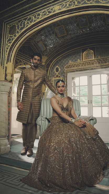 Copper Gold Crystal Lehenga Set