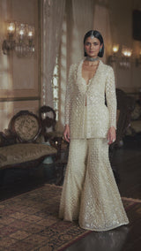 Cream Open Jacket Sharara - Pant Set