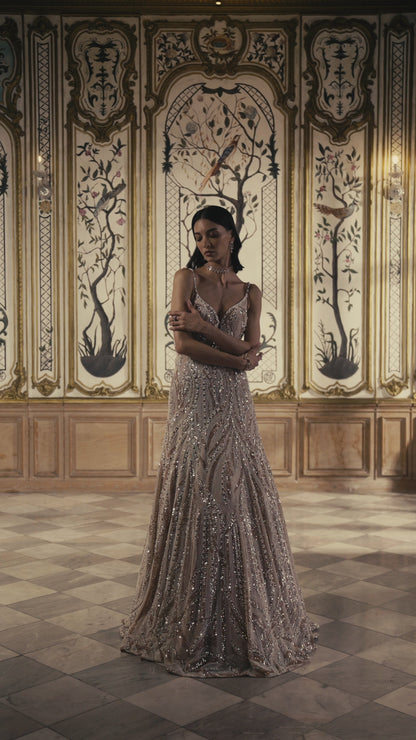 Nude Multi-Coloured Floral Gown