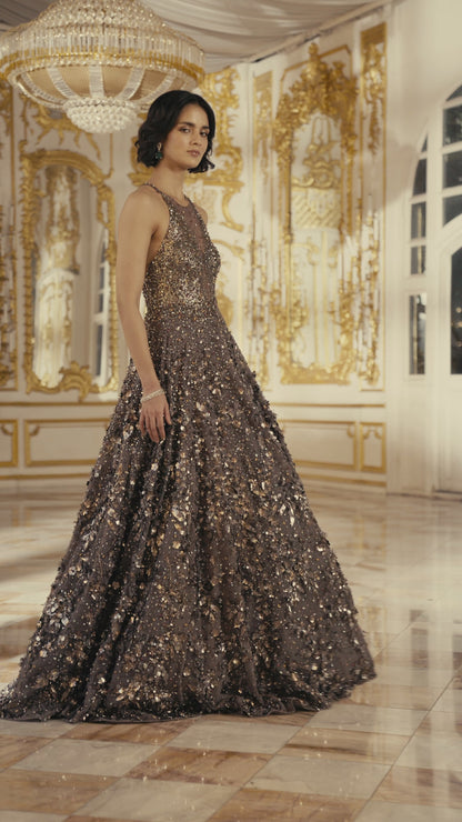 Metallic Antique Silver 3D Gown