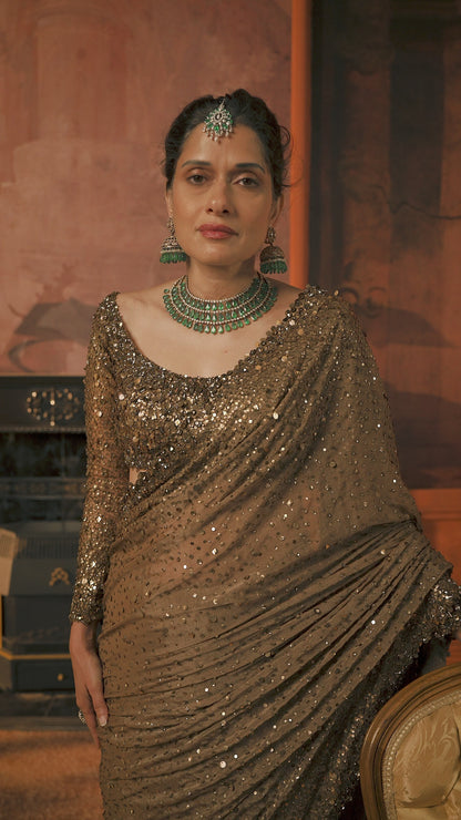 Antique Gold Georgette Sequin Saree