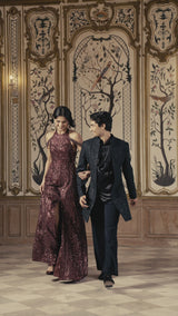 Maroon Sequin Halter Neck Gown