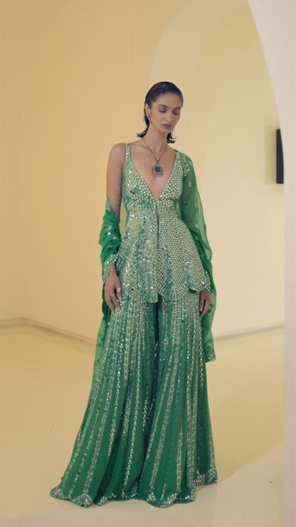 Rakul Preet In Green Mirror Work Sharara Set
