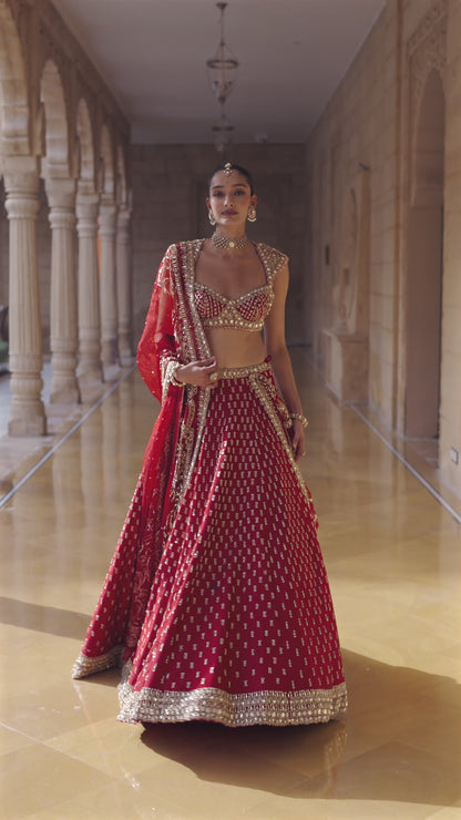 Dark Red Gold Zardosi Lehenga Set