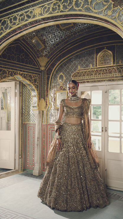 Shobhita Dhulipala in Antique Gold Scalloped Lehenga Set