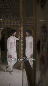 Cream Multi-Coloured Three-Dimensional Sherwani Set