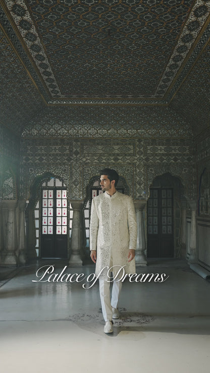 Ivory Mirror Work Sherwani Set
