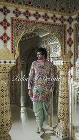 Sage Green Multi-Coloured Three-Dimensional Sherwani Set