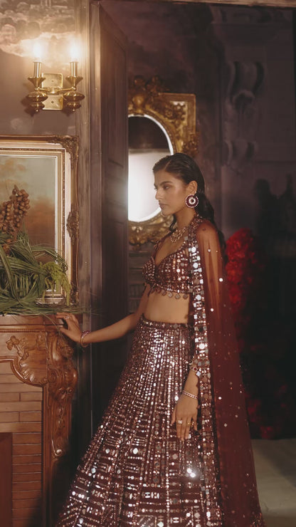 Copper Brown Mirror Work Lehenga Set