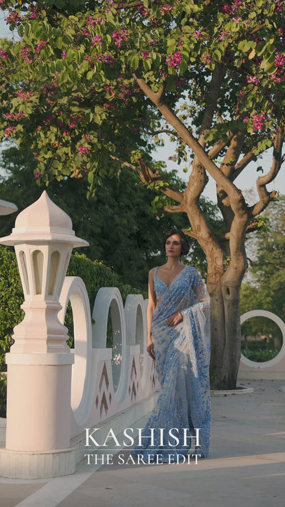 Powder Blue Three-Dimensional Floral Saree