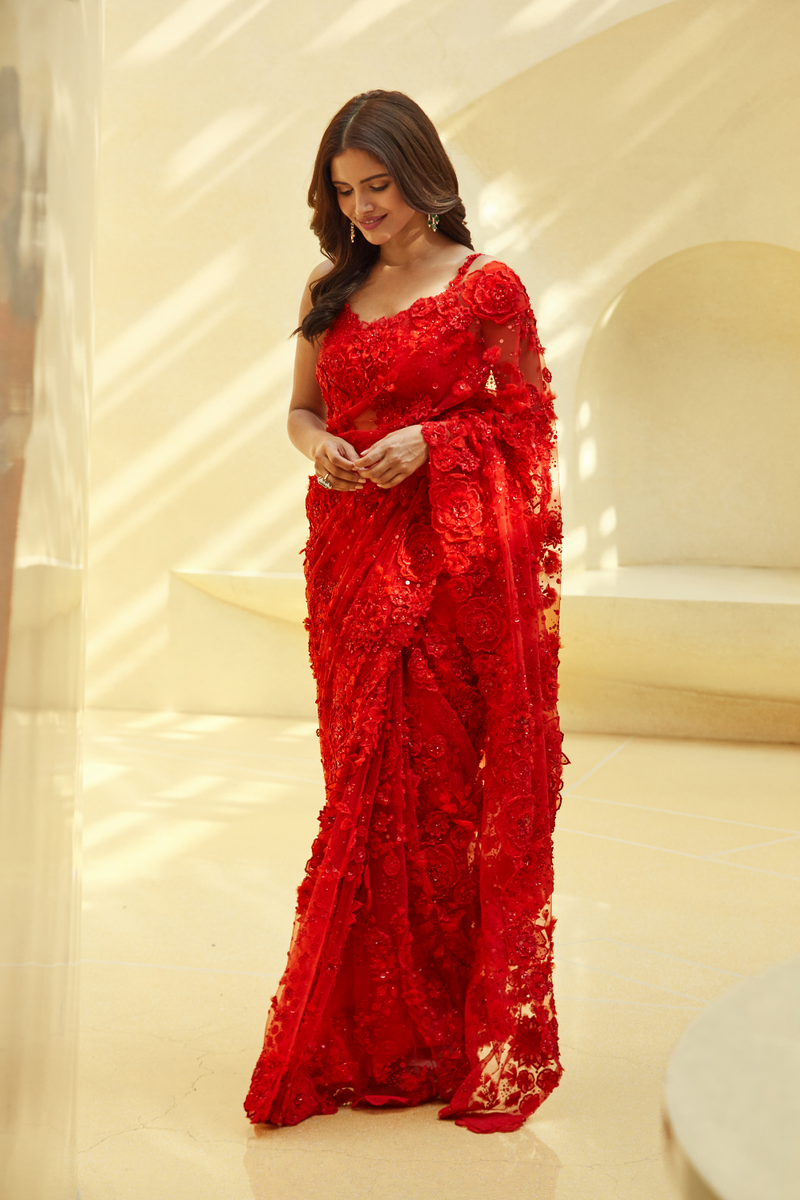 Ruby Red Floral Saree