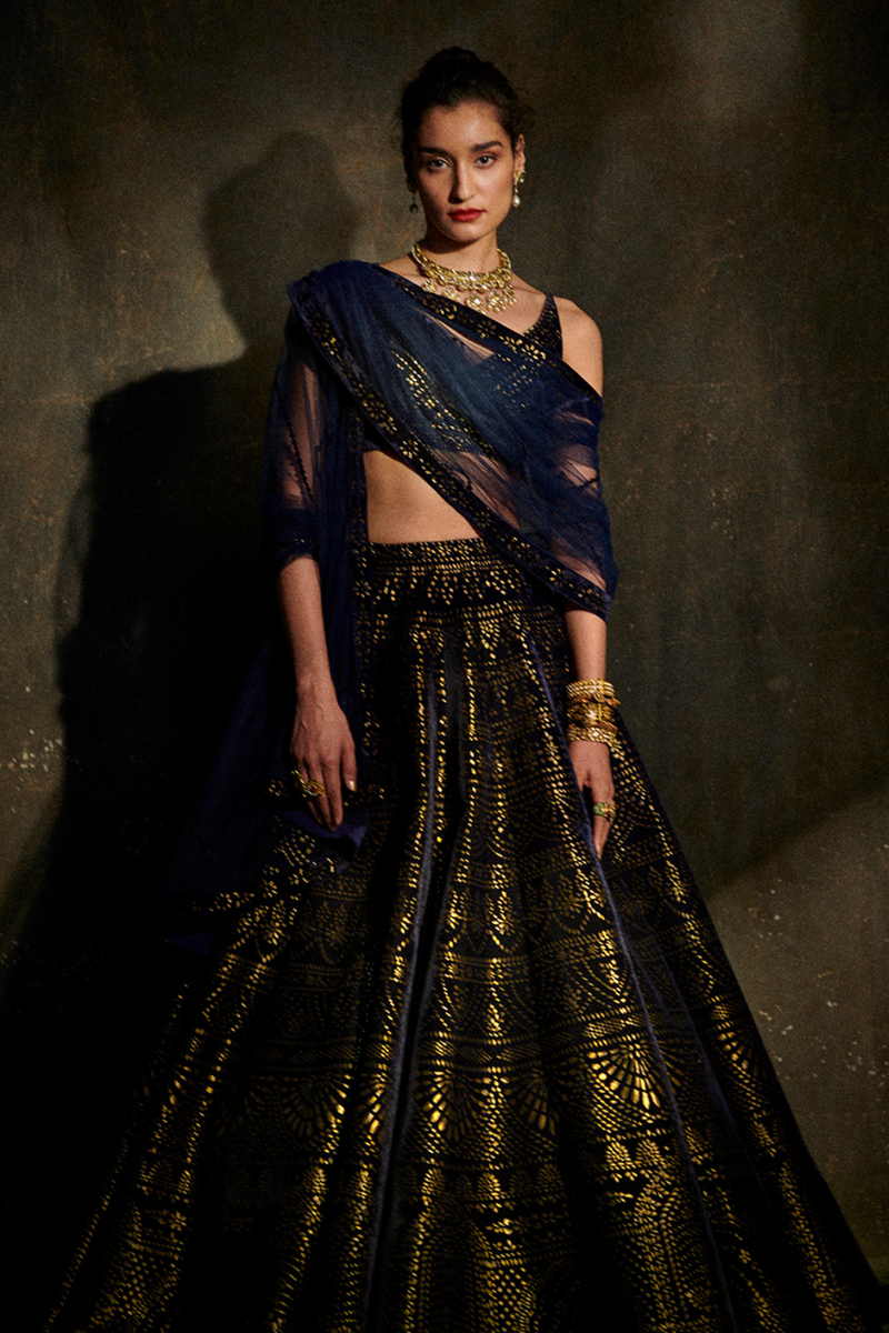 Navy Blue And Gold Embroidered Lehenga Set | KYNAH