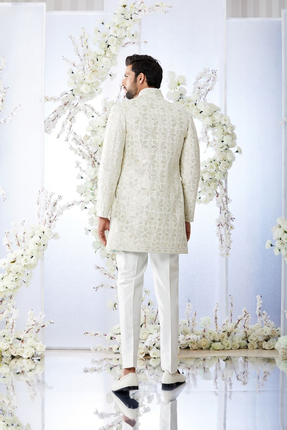 Antique Silver Open Short Sherwani Set