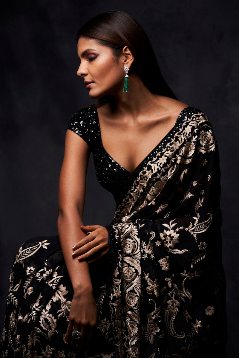 AYKA CLOTHINGS Black Net Embroidered Saree With Unstitched Blouse
