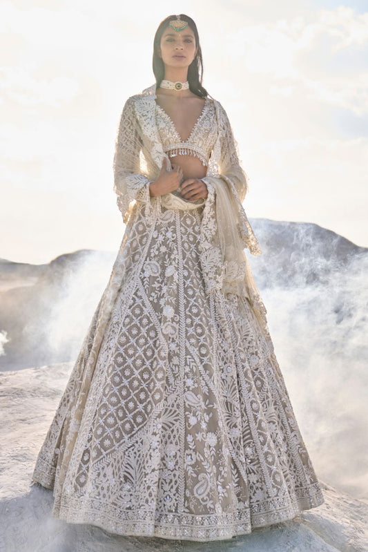 Nude Cream Abstract Dori Lehenga Set