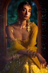 Mehreen Kaur Pirzada In Sunflower Yellow Mirror Work Lehenga Set