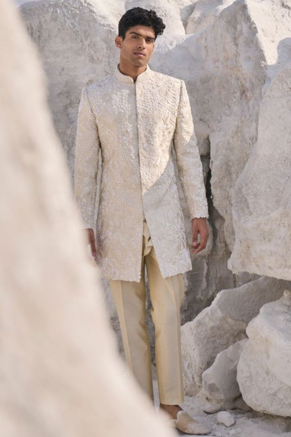 Cream Three Dimensional Floral Sherwani Set