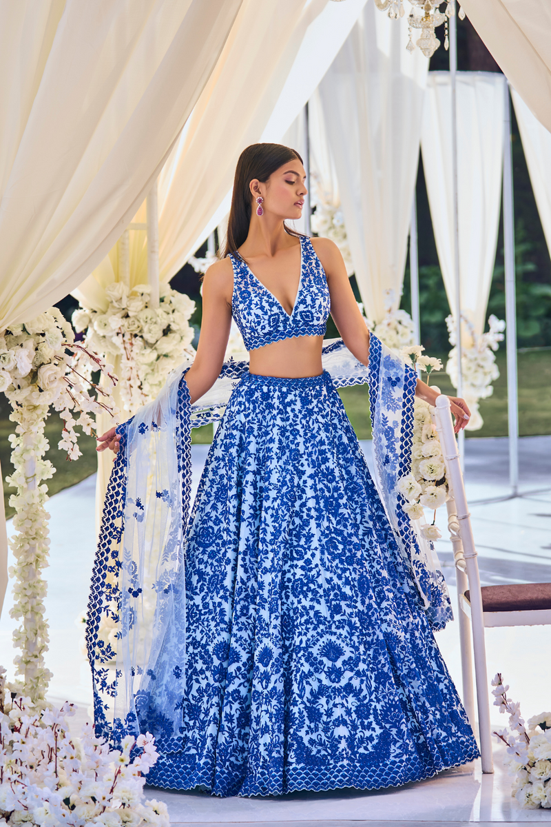 Lavanya The Label Blue & White Dyed Ready to Wear Lehenga & Blouse With  Dupatta - Absolutely Desi