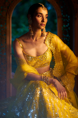 Mehreen Kaur Pirzada In Sunflower Yellow Mirror Work Lehenga Set