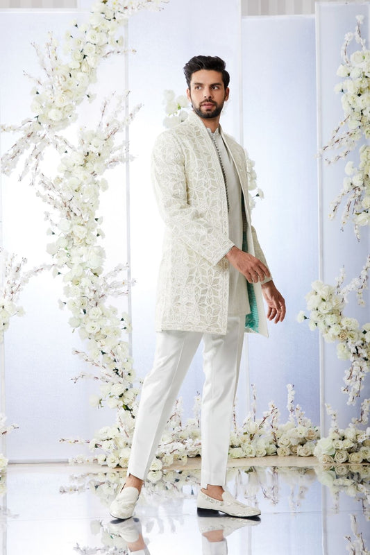 Antique Silver Open Short Sherwani Set