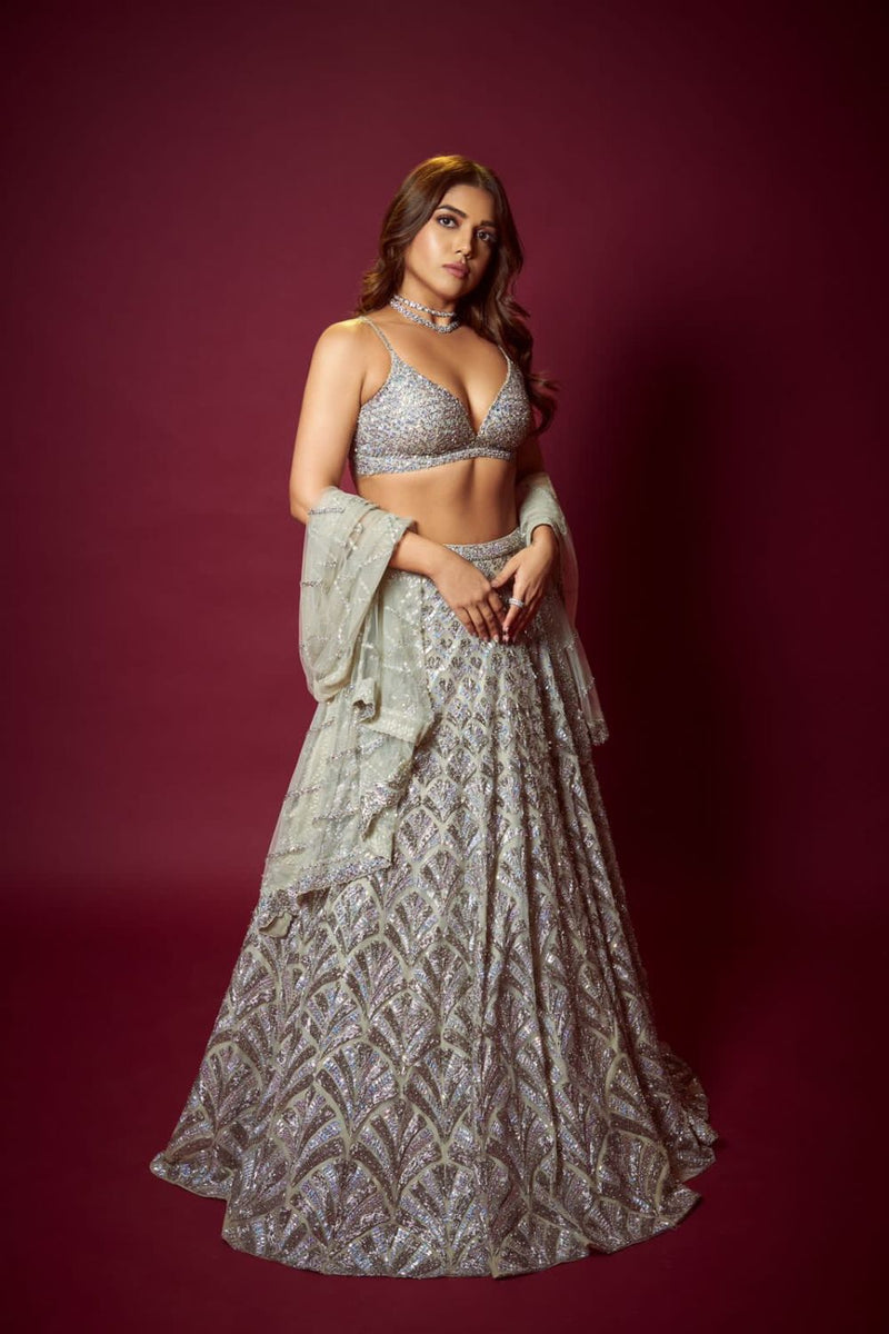 Samiksha Pednekar in Silver Crystal Lehenga Set