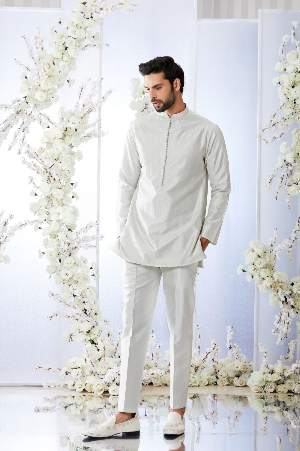 Antique Silver Open Short Sherwani Set