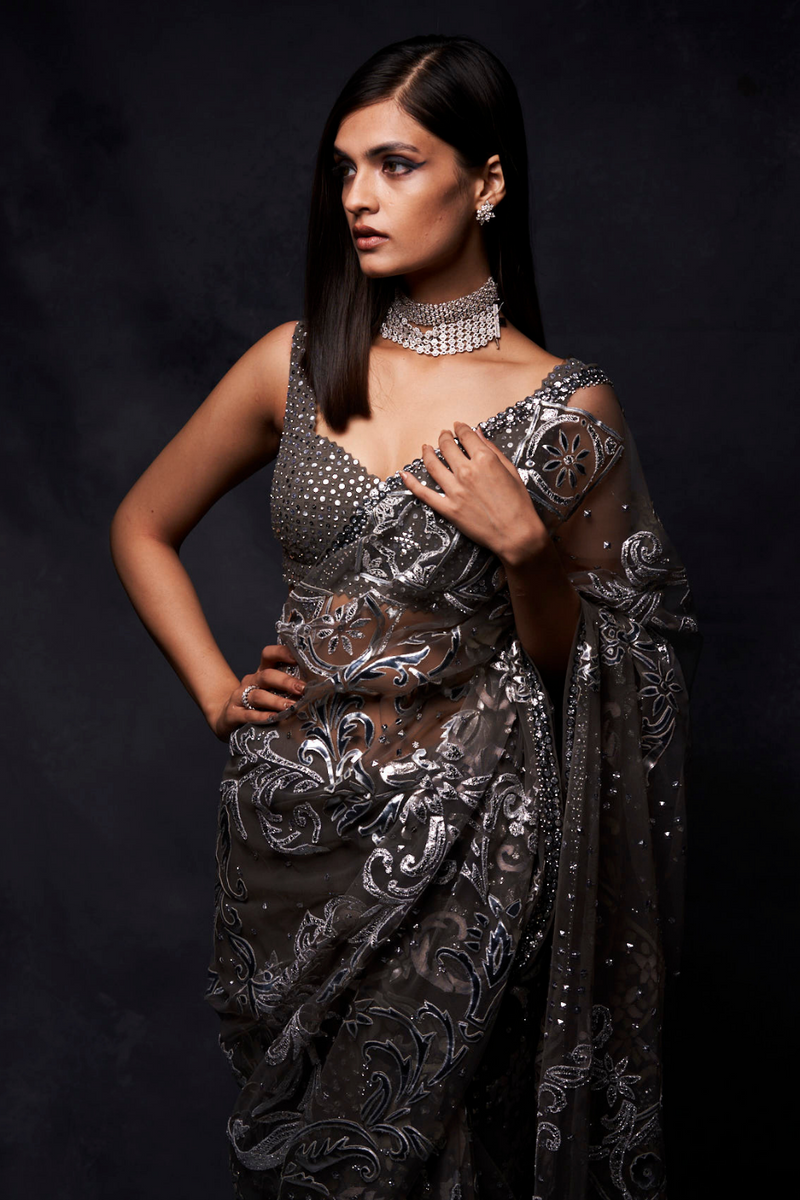 Buy Metallic Silver Pre-Pleated Saree In Satin With An Embroidered Halter  Blouse - DEME X KALKI