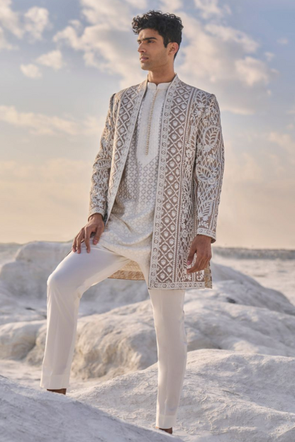 Nude Cream Open Sherwani Set