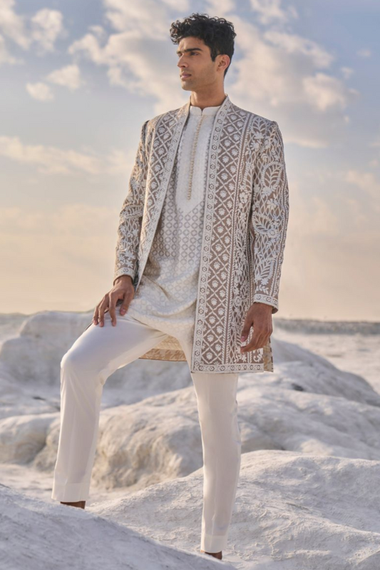 Nude Cream Open Sherwani Set