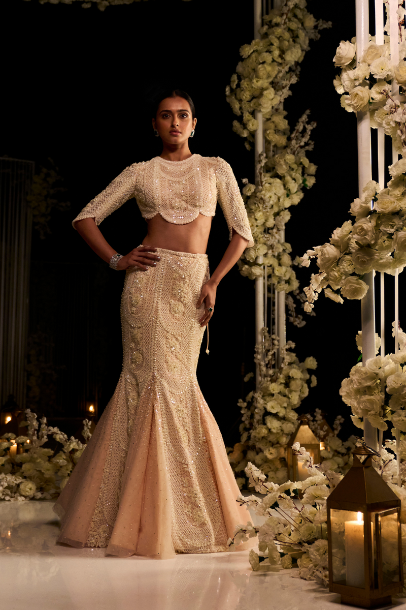 Fish cut top lehenga saree online