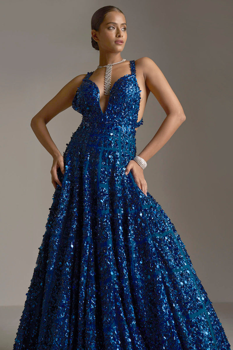 Honey Couture RICHIE Cobalt Blue Sequin Mermaid Evening Gown Dress  One  Honey