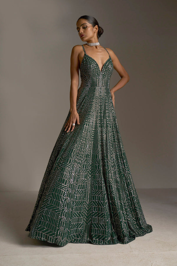 Gown : Green georgette long plain gown