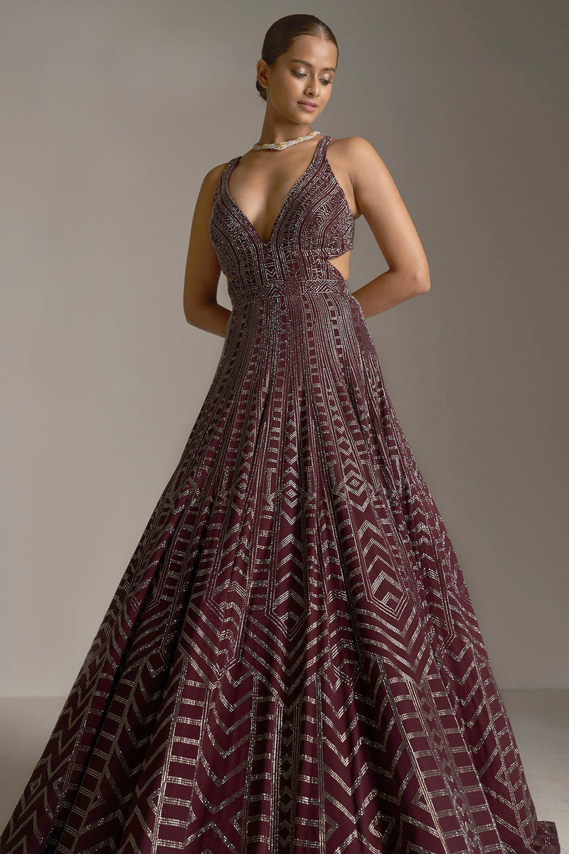Maroon Shimmer Tulle Embellished Gown Design by Dolly J at Pernia's Pop Up  Shop 2024