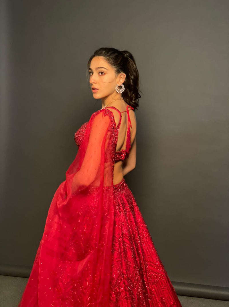 Sara Ali Khan In Dark Red Sequins Lehenga Set