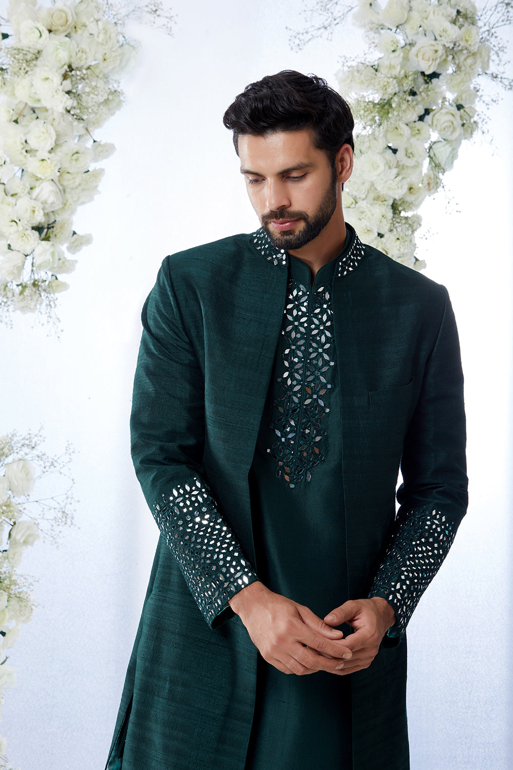 Emerald Green Mirror Open Sherwani Set – Seema Gujral