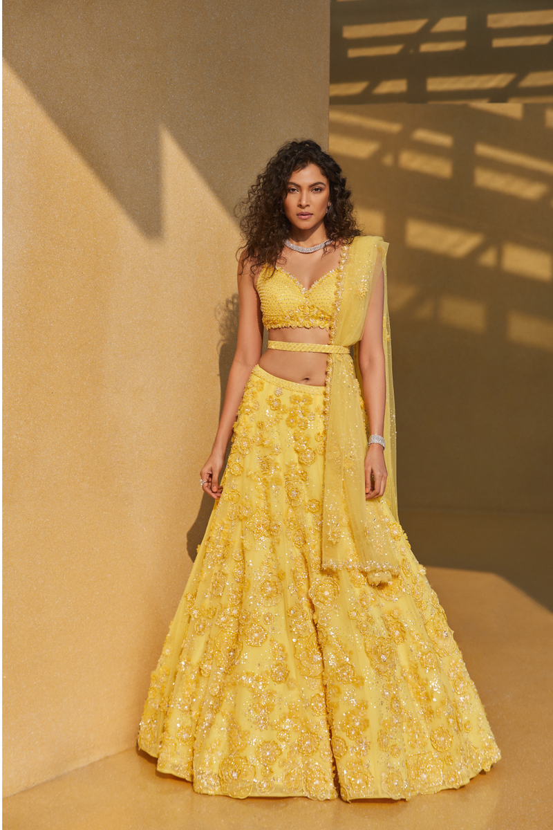Jwala Gutta In Three-Dimensional Yellow Floral Lehenga Set