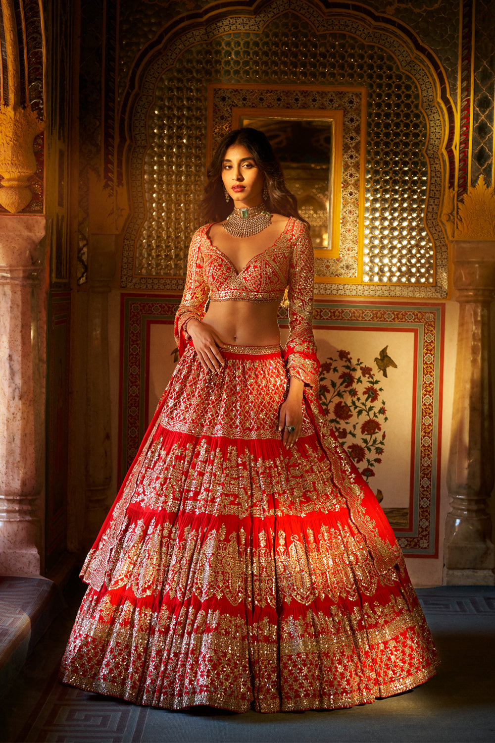 Buy Bride And Baraat Apple Red Fully Embroidered Lavish Lehenga Choli With  Belt