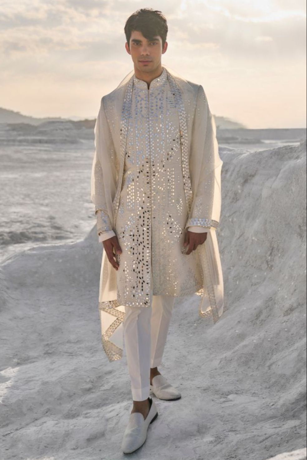 Off-White Mirror Work Sherwani Set
