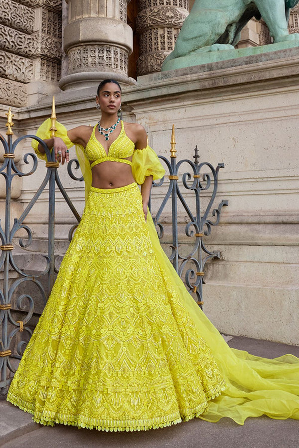 Buy Yellow Lehenga And Blouse Organza V Neck Embroidered Set For Women by  Angad Singh Online at Aza Fashions.