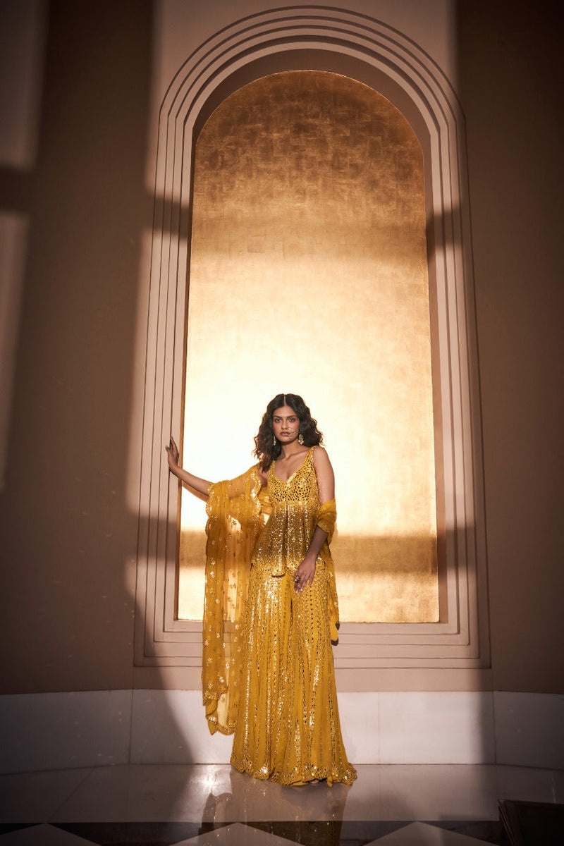 Shilpa Shetty In Mustard Yellow Mirror Work Sharara Set