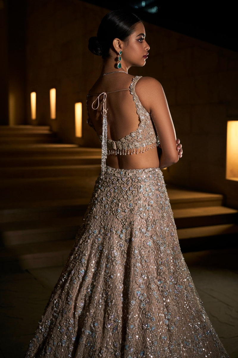Buy Ivory Shimmer Tulle Embroidery Pearl Larisa Sequin Bridal Lehenga Set  For Women by Dolly J Online at Aza Fashions.