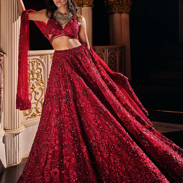 RE - Red Colored Sequence Embroidery Work Silk Lehenga Choli - Featured  Product