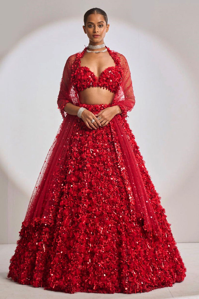 Tamannaah Bhatia in Red Three-Dimensional Lehenga Set