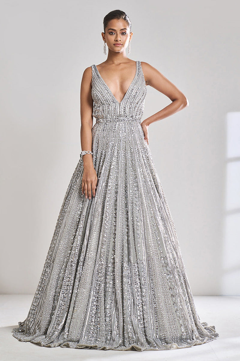 Cloudy Silver Grey Embroidered Layered Gown – 101 Hues