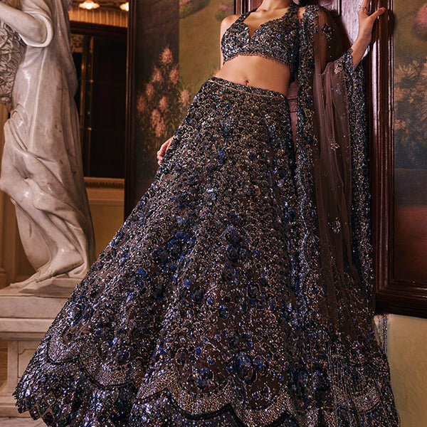 Coconut and gold hand embroidered lehenga set. – Arpita Mehta Official